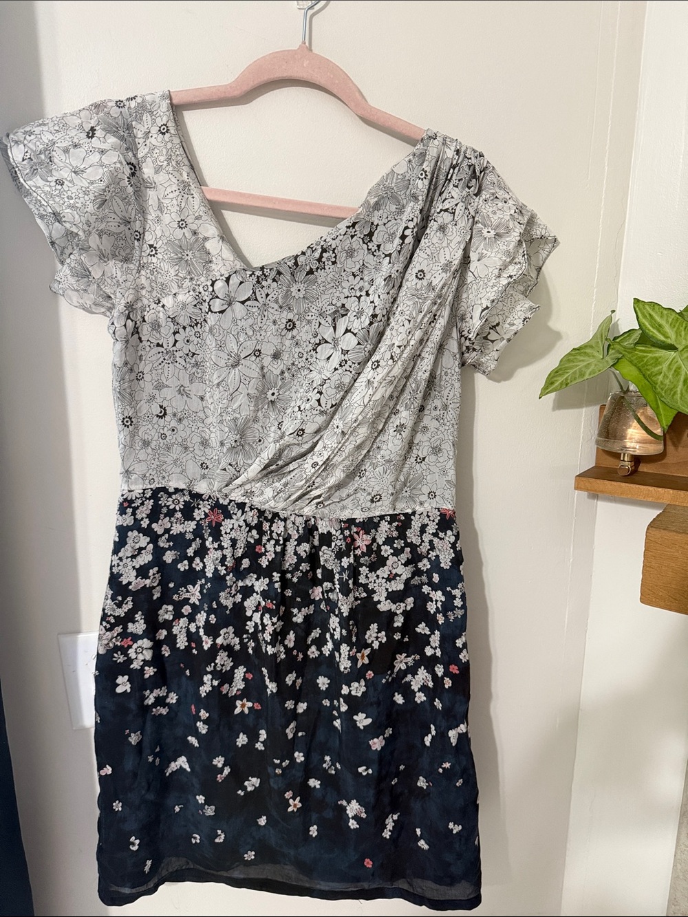 MM Couture Floral Print Two-Tone Dress in White and Navy
